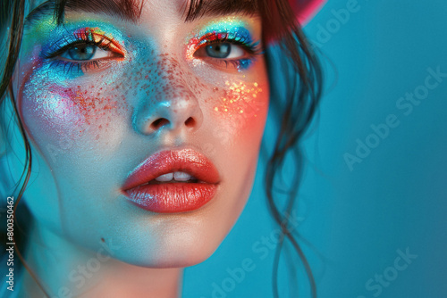 Young woman fashion model, beautiful with bright color glitter colour beauty creative trendy stylish glow makeup. Face and hair makeover. Portrait. Make up artist ads background. Close up. © Synthetica