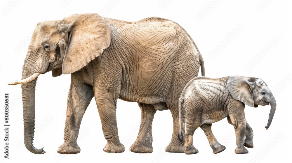 Two African elephants, adult and calf, stride side by side showcasing their familial bond on a white backdrop