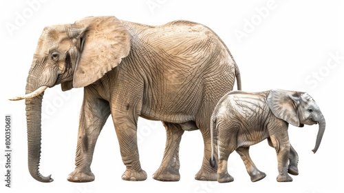 Two African elephants  adult and calf  stride side by side showcasing their familial bond on a white backdrop