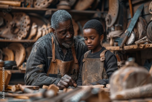 African American craftsman teaching apprentices, Elderly woodworker with child, both in aprons, sharing skills amidst vintage carpentry tools. © N Joy Art 