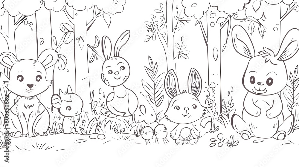 Whimsical Cartoon Animals in Playful Forest for Children Whimsical Cartoon Animals in Playful Forest for Children