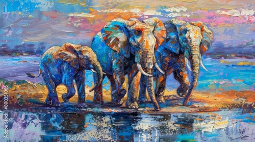 Three vibrant, painted elephants stand together on a textured canvas that mimics an African savanna sunset photo
