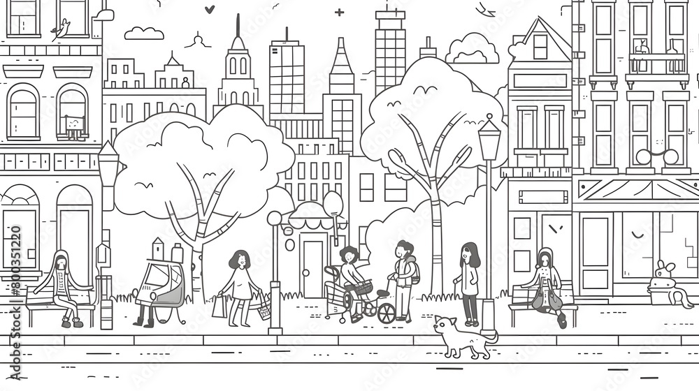 Charming Cartoon City Street Scene with People and Pets Going About Their Daily Lives