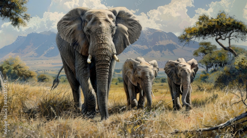 Obraz premium The matriarch leads her family through tall sunlit grass, with towering mountains and a clear blue sky in the distance