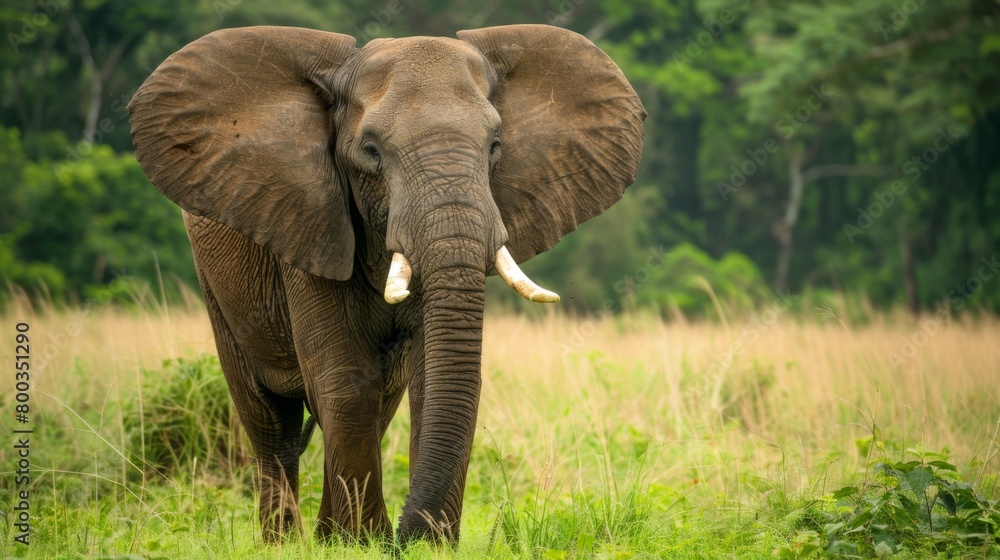 Fototapeta premium An impressive African elephant stands majestically amid vibrant green foliage with its large ears fanned out