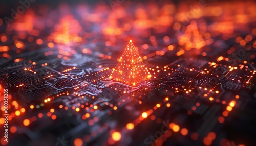 An illustration of a glowing pyramid made of orange light. The pyramid is sitting on a surface that is made of black material with glowing orange circuitry.