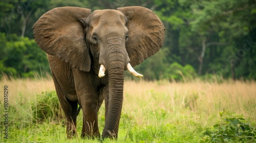 An impressive African elephant stands majestically amid vibrant green foliage with its large ears fanned out