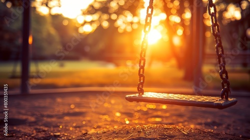  A tight shot of a swing in a park, sun illuminating trees and grass behind