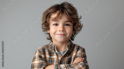 A Happy handsome young boy looking at camera with crossed hands photo