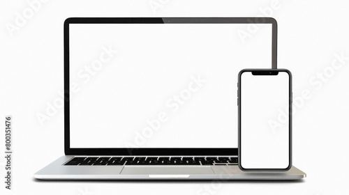 Laptop computer and mobile phone mock ups isolated on white background. Blank white empty mockup screen of computer and smartphone technology digital devices set templates.