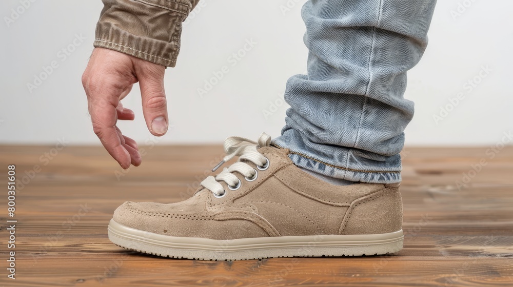 A person stands on a wooden floor, next to a pair of jeans and a pair of brown shoes A person stands on a wooden floor, next to a pair of jeans and a pair of brown shoes