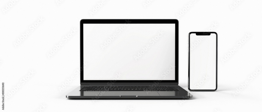 Laptop computer and mobile phone mock ups isolated on white background. Blank white empty mockup screen of computer and smartphone technology digital devices set templates. Laptop computer and mobile phone mock ups isolated on white background. Blank white empty mockup screen of computer and smartphone technology digital devices set templates.
