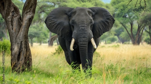 An impressive African elephant stands amidst the trees in a lush, green savannah environment