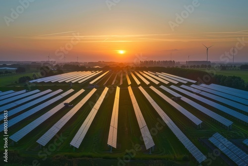 A solar park in the netherlands seen from the sky with the rising sun in the background.