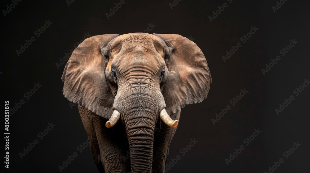 An exquisite close-up portrait capturing the imposing presence and detailed skin texture of an African elephant against a black backdrop