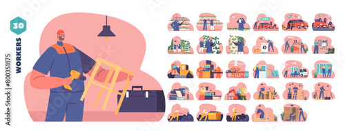 Isolated Vector Elements With Cartoon Workers Characters In Different Professions, Farming, Car Washing, Coal Mining