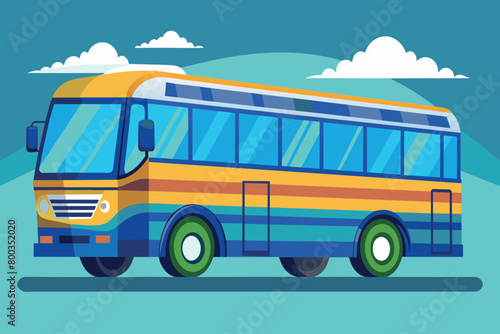 A colorful bus with a green wheel is parked on a road