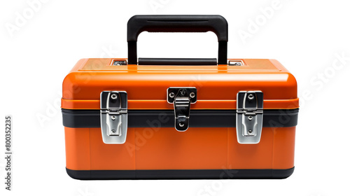 An orange and black suitcase with two handles sits ready for a journey on transparent background