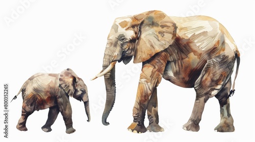This watercolor painting showcases a mother elephant with her calf  emphasizing the bond between them