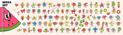 Playful Mega Set Of Anthropomorphic Cartoon Characters And Items, With Expressive Faces And Limbs In Retro Groovy Style