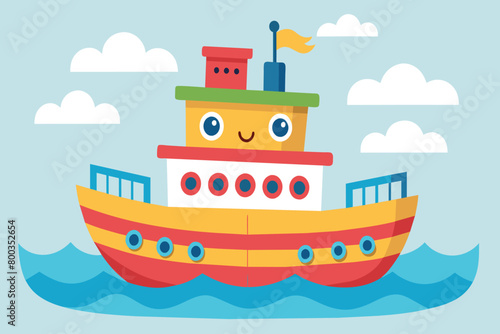 A cartoon boat with a smiling face is sailing in the ocean