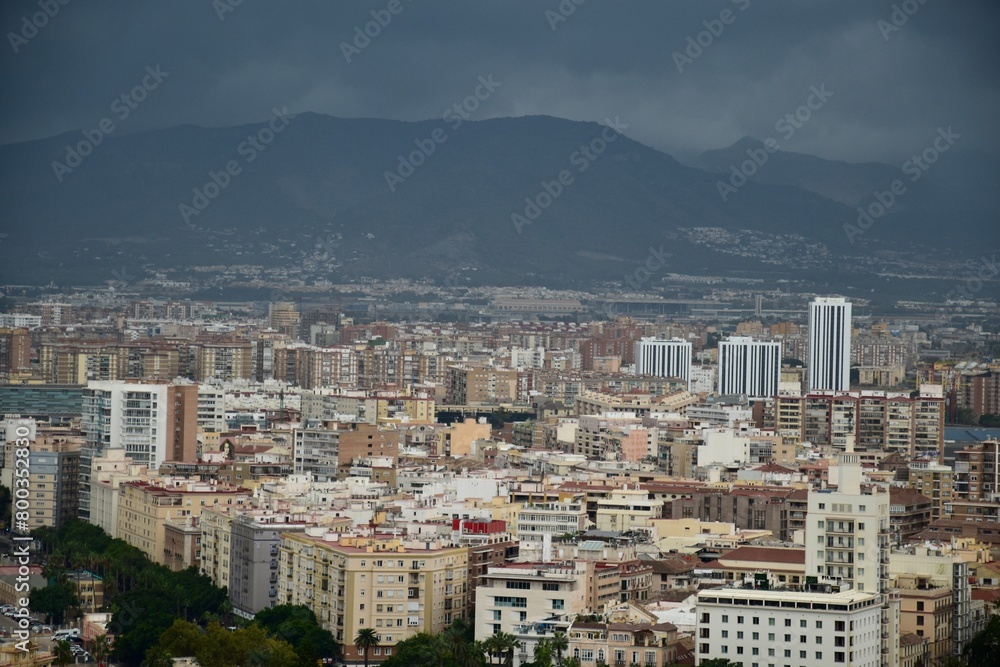 Aerial view of Malaga Spain with buildings and landmarks. 
