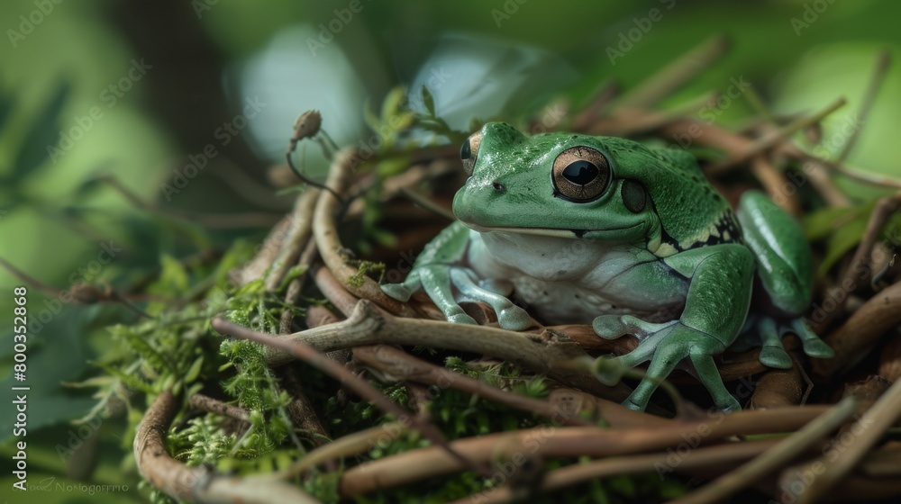 A vibrant green frog rests inside a nest surrounded by lush greenery, exuding a sense of calm and protection in its natural habitat A vibrant green frog rests inside a nest surrounded by lush greenery, exuding a sense of calm and protection in its natural habitat