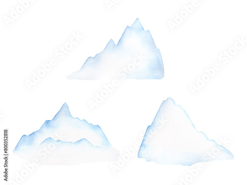 Winter snowy mountains  iceberg  hand-painted in watercolor on paper isolated on a white background. A seasonal element for a holiday  design  decoration. A set of blue mountains.