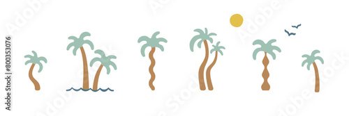 Boho groovy palm tree beach sun sea. Surf club vacation and sunny summer day aesthetic. Vector illustration background in trendy retro naive simple style. Pastel yellow blue braun colors. (ID: 800353076)