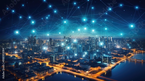 Smart city and wireless communication network concept. Digital network connection lines. Internet of Things and Information Communication Network concept.