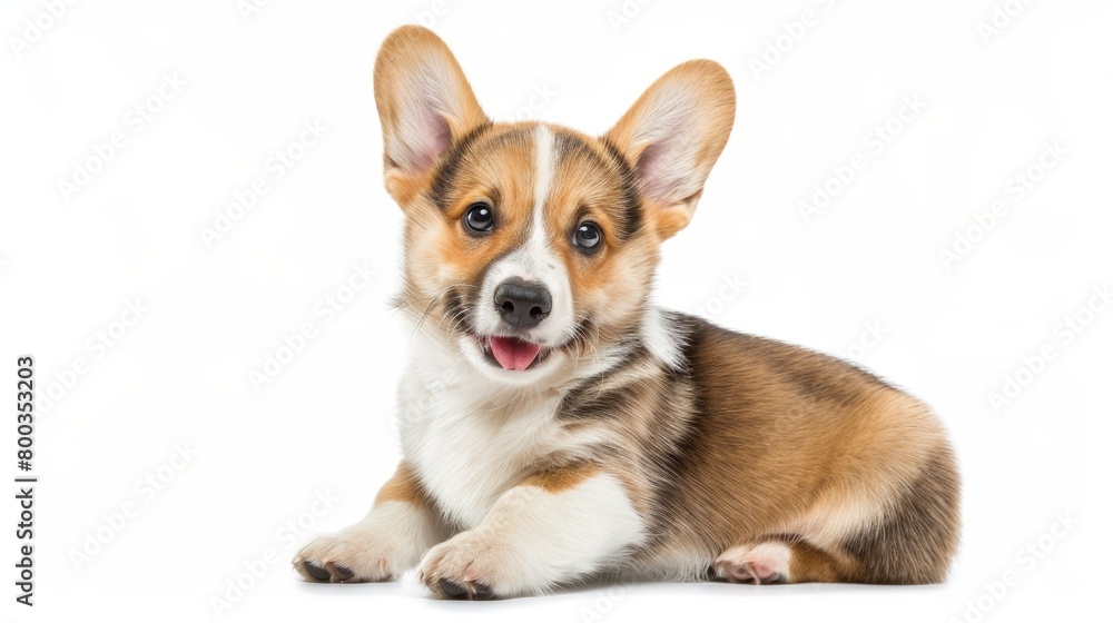 cute puppy with a tongue sticking out. The puppy is sitting on a white background. The puppy has a happy expression on its face