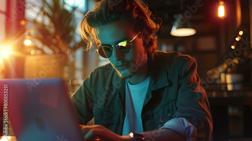 Stylish young professional working on laptop in hip cafÃ© environment