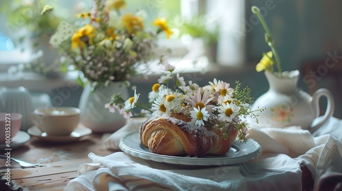 Idyllic morning breakfast setting with fresh pastries and wildflowers on a rustic table