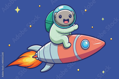 A cartoon character is riding a rocket in space