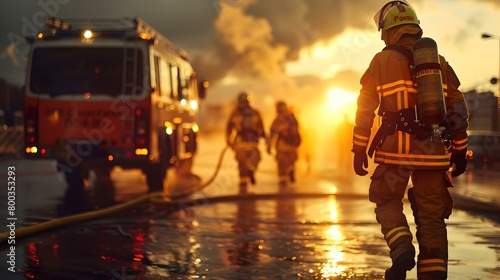 Brave firefighters in action at sunset, heroic team battling blaze