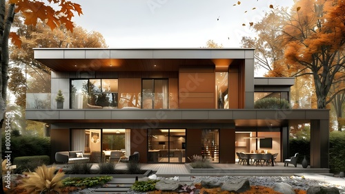 Contemporary home with focus on energy efficiency and sustainability in design. Concept Sustainable Architecture, Energy-Efficient Design, Contemporary Homes, Green Building Technologies