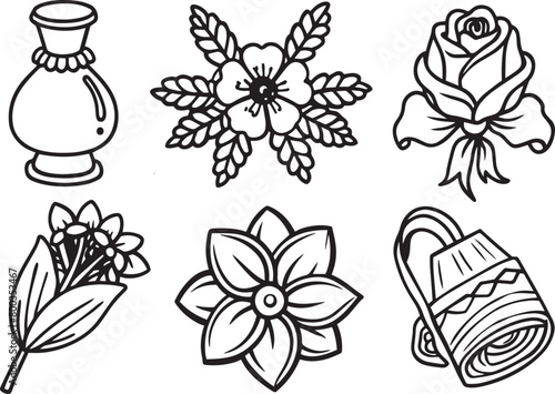 Vector set of hand drawn doodle flowers, leaves and vase.