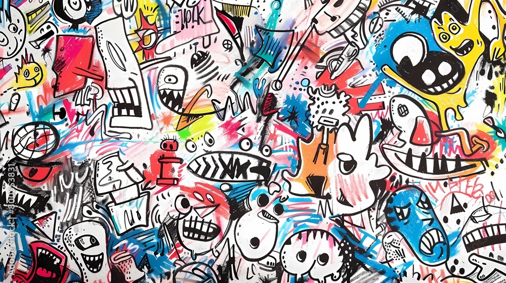 Obraz premium Seamless pattern with funny doodle monsters Handdrawn illustration Generative AI illustrations