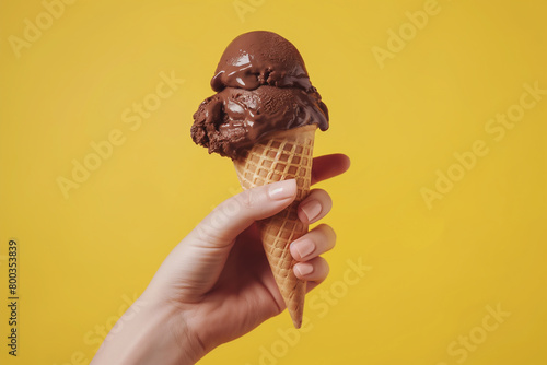 Chocolate ice cream cone on yellow background