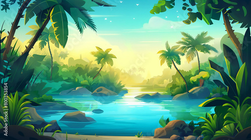 Cartoon tropical jungle forest swamp or lake landscape isolation background  Illustration