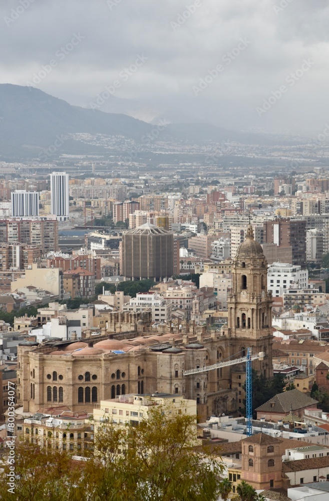 Aerial view of Malaga Spain with buildings and landmarks. 