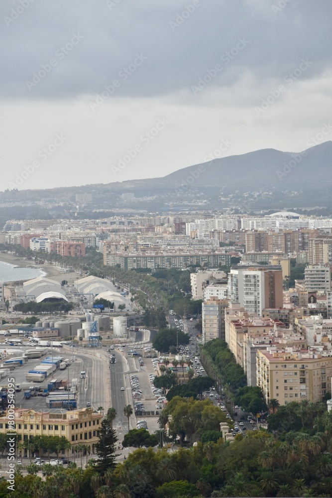 Aerial view of Malaga Spain with buildings and landmarks. 