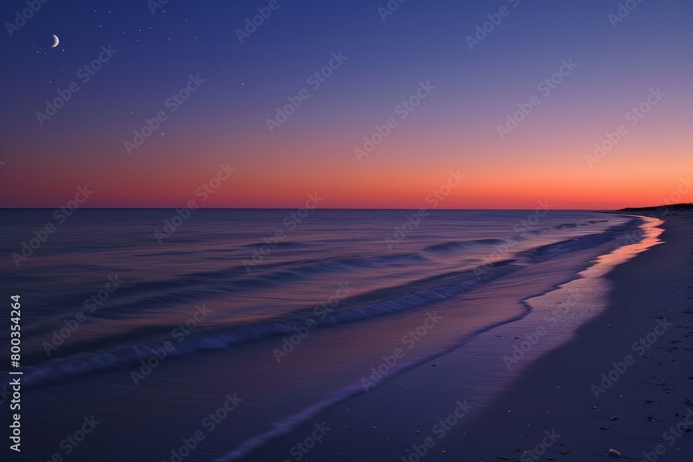 Dusk with moon setting over horizon and calm waters along the shore