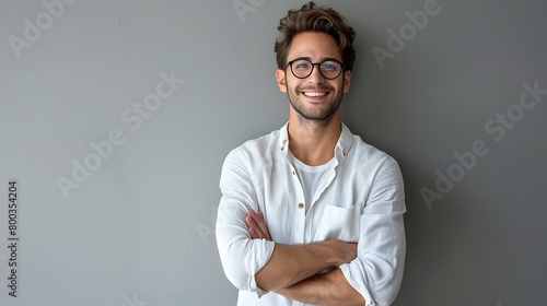 A Portrait of young handsome smiling man dressed in shirt and eyeglasses, standing with arms crossed, looking away, isolated on gray background