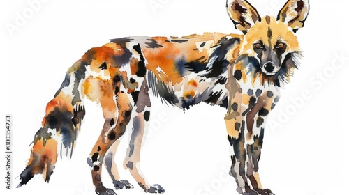 Intricate watercolor painting capturing the exploring gaze of an African wild dog with vibrant colors photo