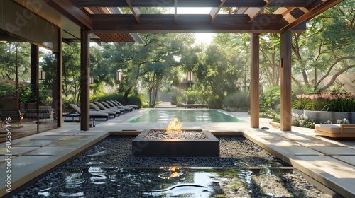 an Illustration of a outdoor luxury hotel spa with a swimming pool fire pit, lounges