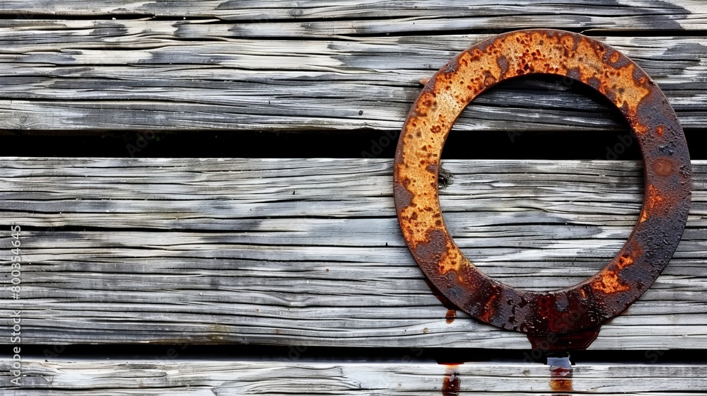 A rusted metal object sits atop a wooden table, next to a separate wooden plank The former bears a rusted metal ring atop it A rusted metal object sits atop a wooden table, next to a separate wooden plank The former bears a rusted metal ring atop it