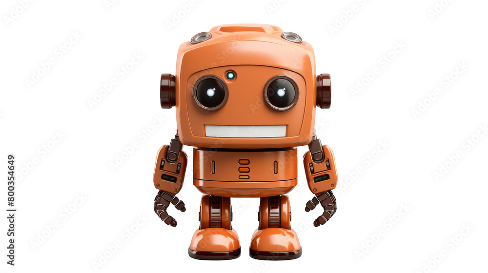 A whimsical orange robot with oversized eyes, set against a stark white background on transparent background A whimsical orange robot with oversized eyes, set against a stark white background on transparent background