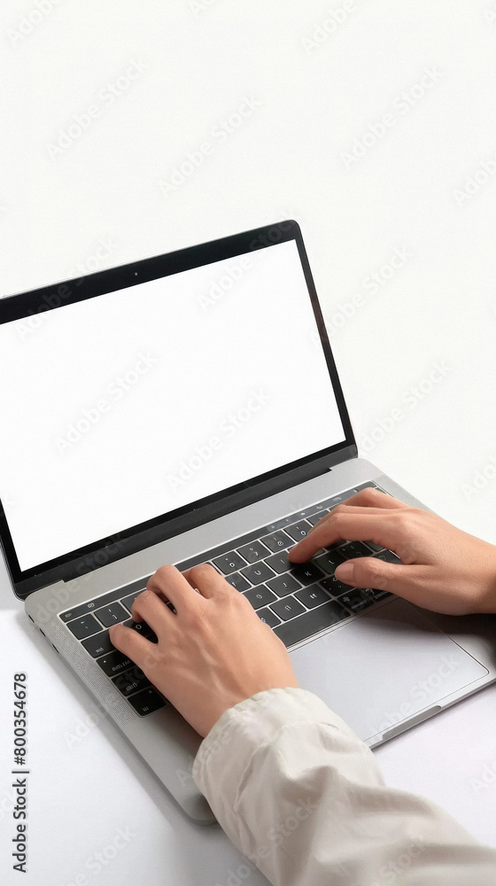 Business person working online or learning using laptop mock up blank white empty screen, hands typing on computer background close up view. Mockup display for ads. Close up view. Business person working online or learning using laptop mock up blank white empty screen, hands typing on computer background close up view. Mockup display for ads. Close up view.