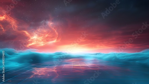 Neon Sunset with Cyber Grid Abstract Landscape and Disco Vibes in the s. Concept Neon Light Photography  Cyber Grid Art  Abstract Landscape  Disco Vibes  Sunset Ambiance